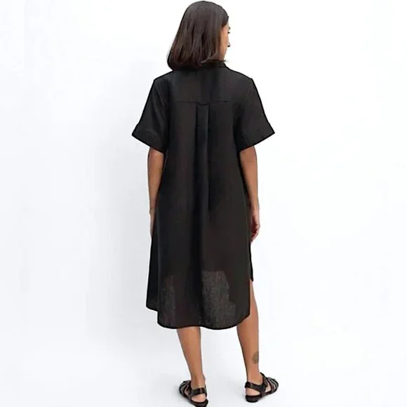 EVERLANE Daytripper Linen Dress Oversized Shirttail Hem Euro Flax Size S Black - Picture 3 of 15